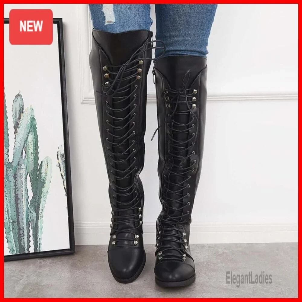 Over The Knee Flat Boots Lace-Up Riding Boots PU Leather 22.4